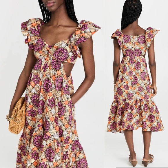 Autumn Adeigbo Cut Out Midi Chioma Ruffle Dress in Orange Base African Floral - Picture 3 of 11